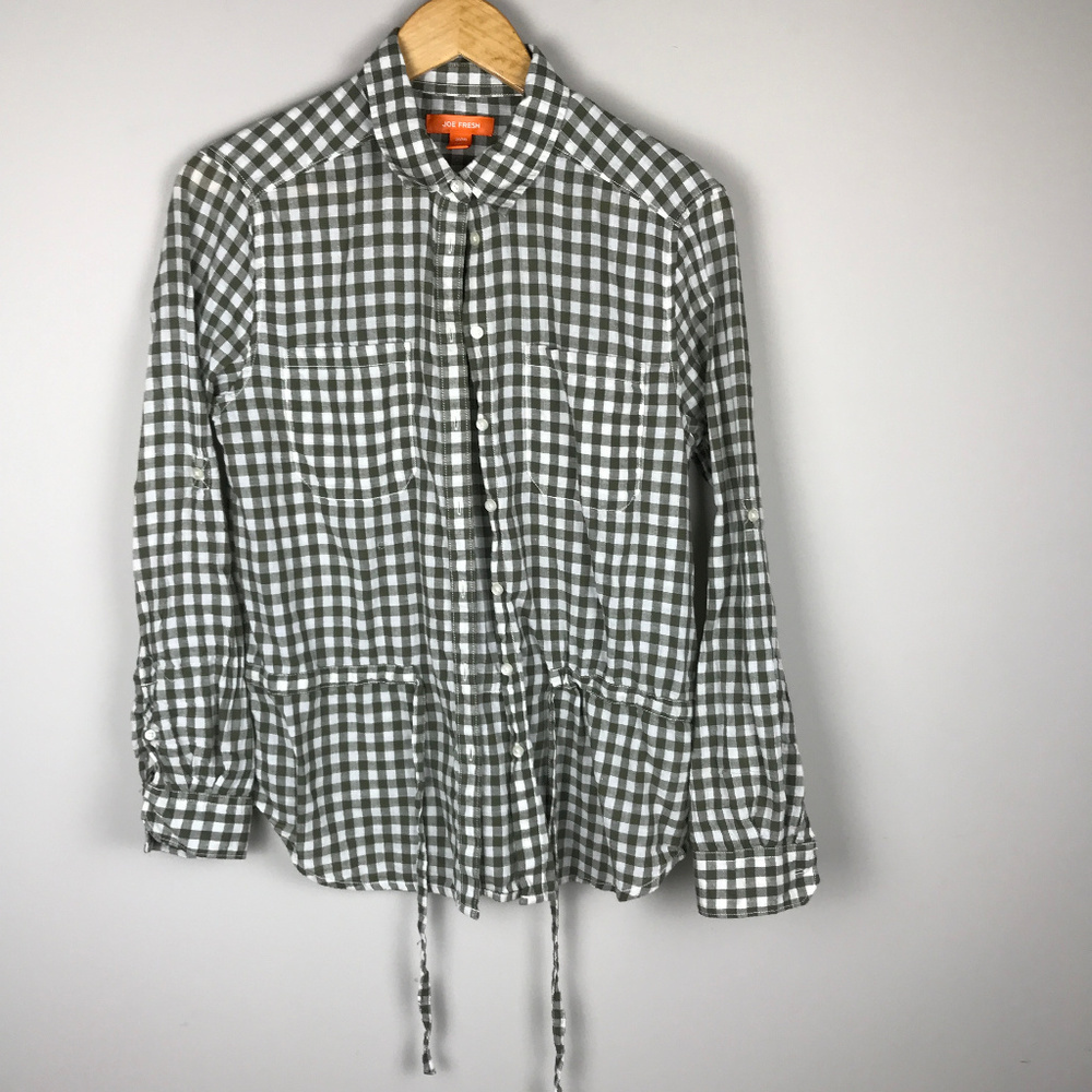 🌴 Joe Fresh Sz M LS cinch waist gingham button up